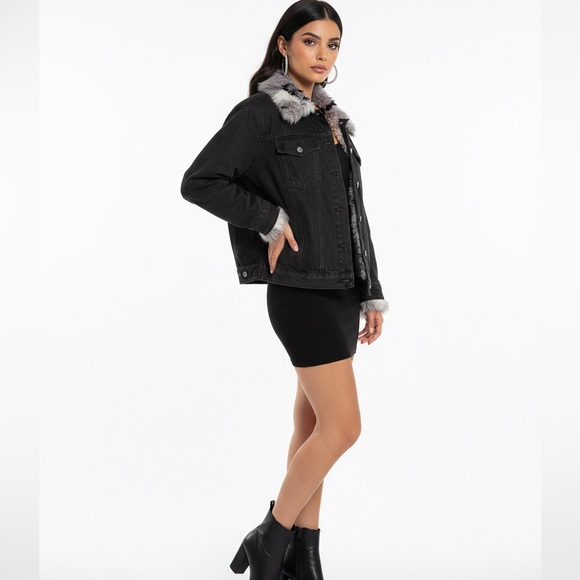 BDG REVOLVE Gray white faux fur button up denim, jean jacket size Small - Med - Picture 3 of 10